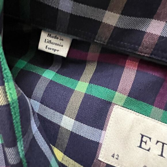 ETON Shirt Mens XL 43 17 Blue Pink Green Plaid Contemporary Button Long Sleeve - Picture 5 of 7